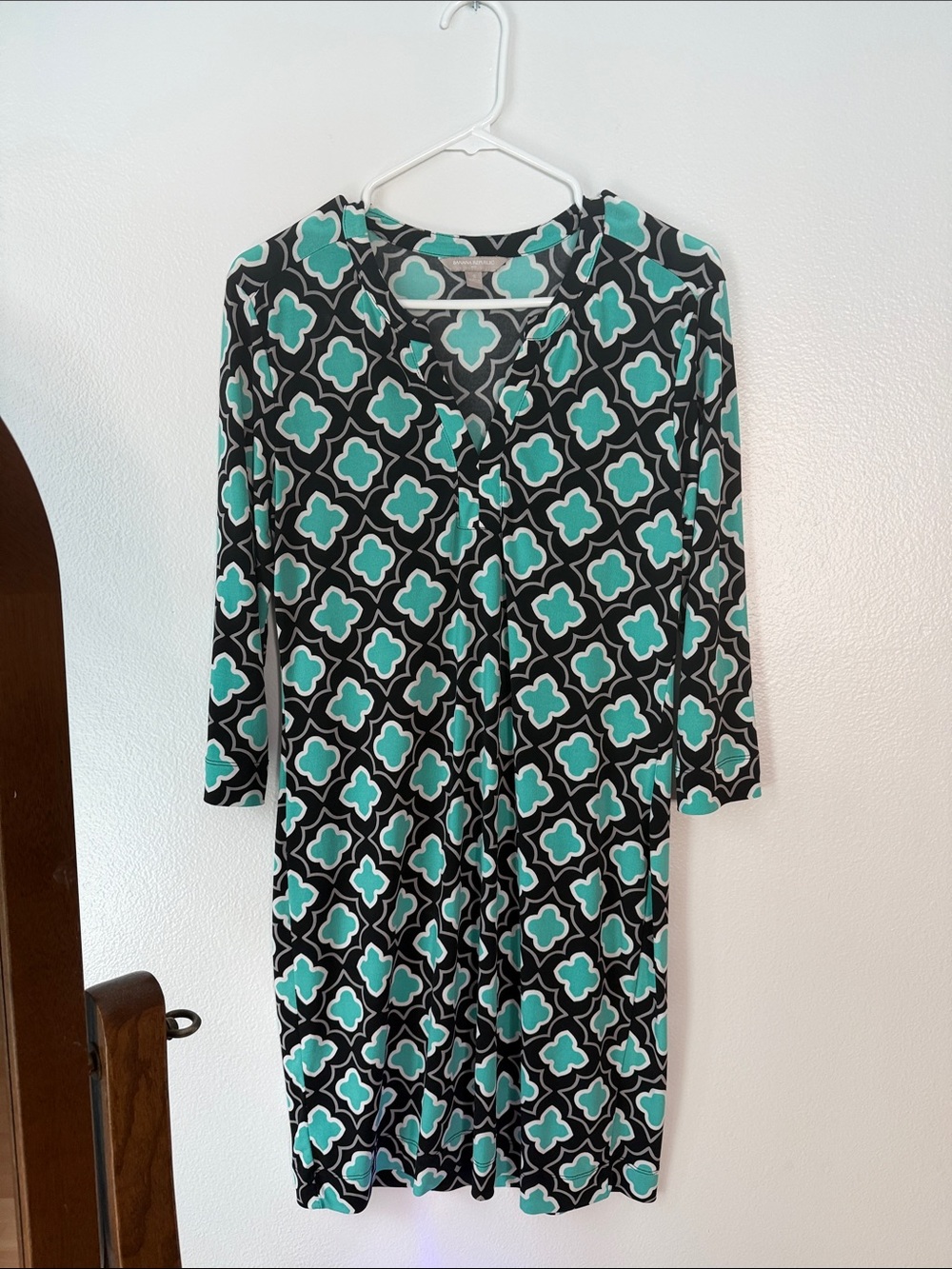 Banana Republic Black and Teal Patterned Long-Sleeve Dress